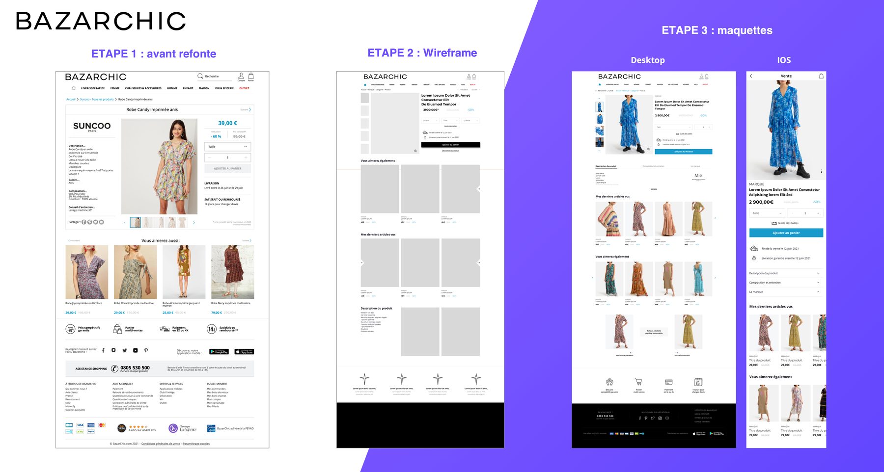 Fiche produit : avant refonte, wireframe, maquettes desktop et iOS