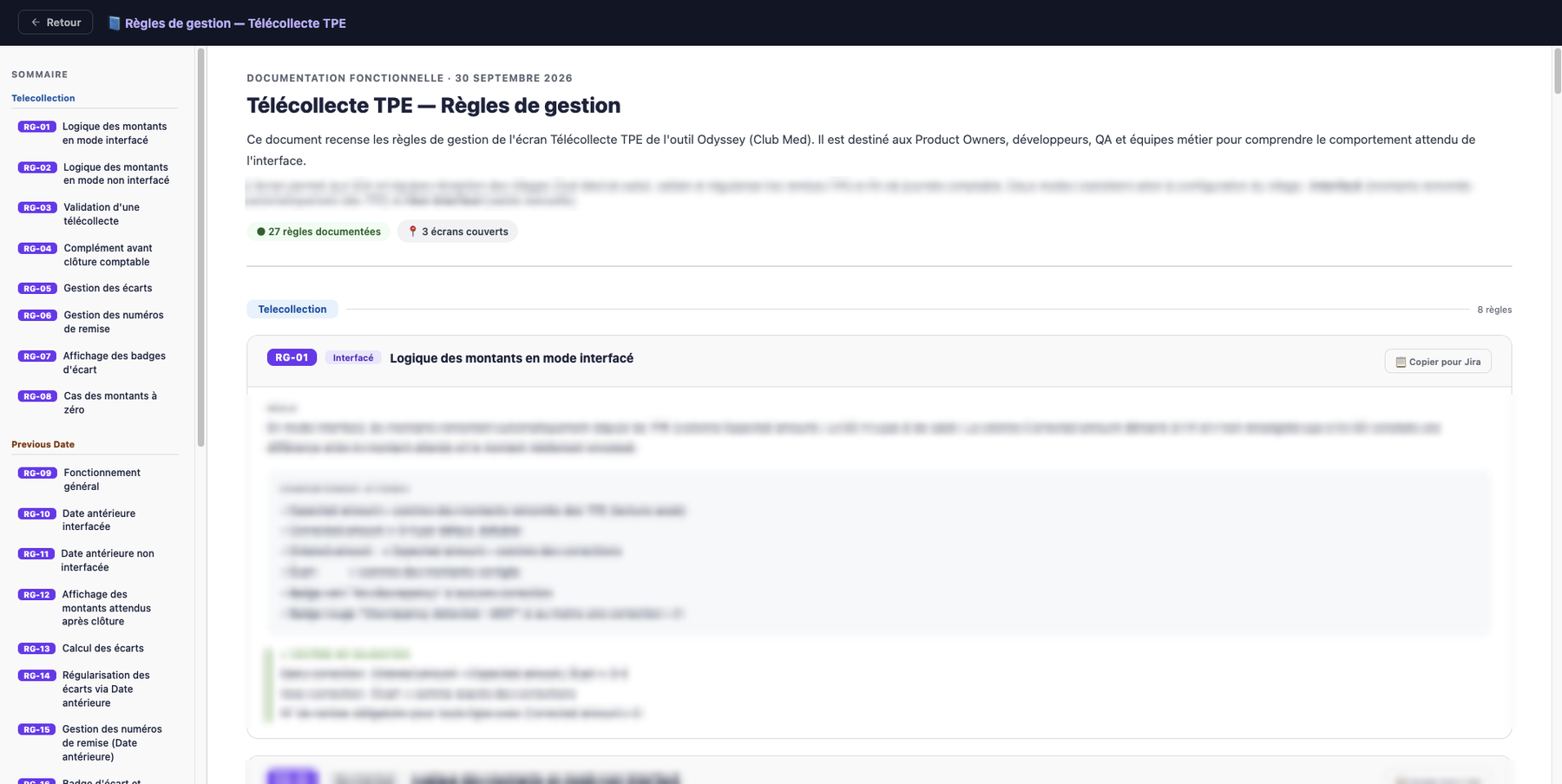 Outil IA, étape 5, Documenter : Les décisions validées deviennent des règles de gestion, exportables vers Jira.